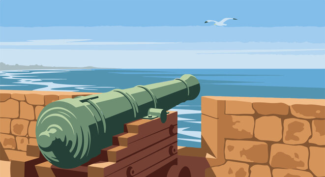 An old cannon on a stone wall overlooks the blue sea and distant shore