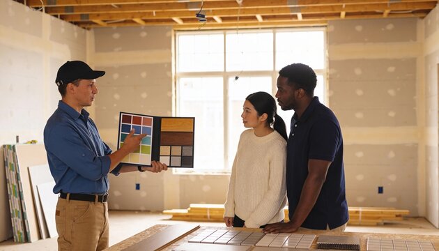 Team of builders reviewing blueprints in unfinished construction site