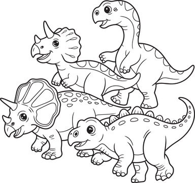 Cute cartoon dinosaurs smiling and playing together, illustration and drawing style, clean lines, and icons set in outline style