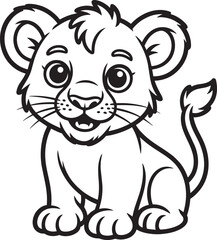 Fototapeta premium Cute cartoon lion cub sitting with large expressive eyes and happy smile, playful animal