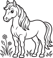Fototapeta premium Cute cartoon horse standing in grass with flowers, line art illustration and farm animal and black and white in outline style