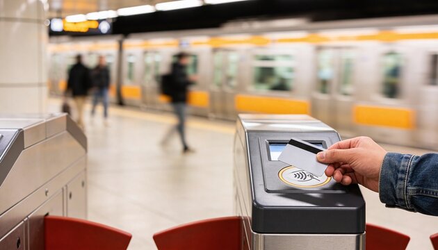 Hand paying at a self checkout kiosk in a modern transit station