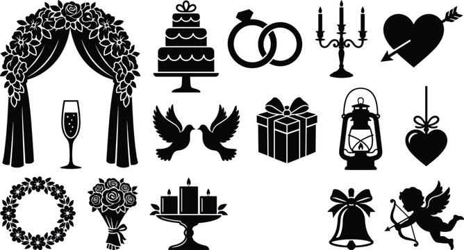 Black and white of various religious symbols and cross crucifix dove des