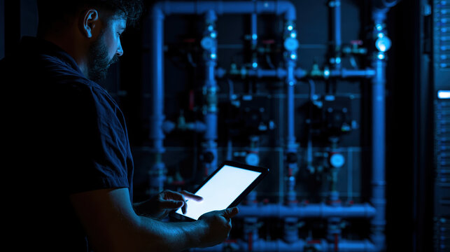 Server room engineer checking tablet beside cooling pipes in dark data center, focused inspection