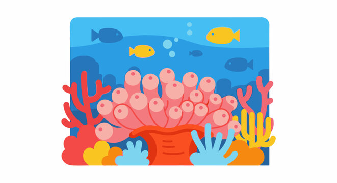 Animated colorful coral reef with fish swimming in blue ocean water