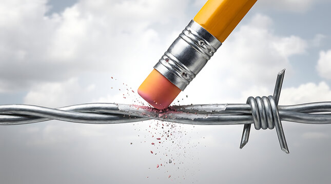 Pencil eraser removing a section of sharp barbed wire as a concept for peace or conflict resolution