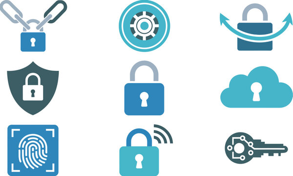 cyber security icon set with flat vector padlocks, shields, cloud data protection, fingerprint biometric scanners and electronic digital keys, isolated technology illustration,