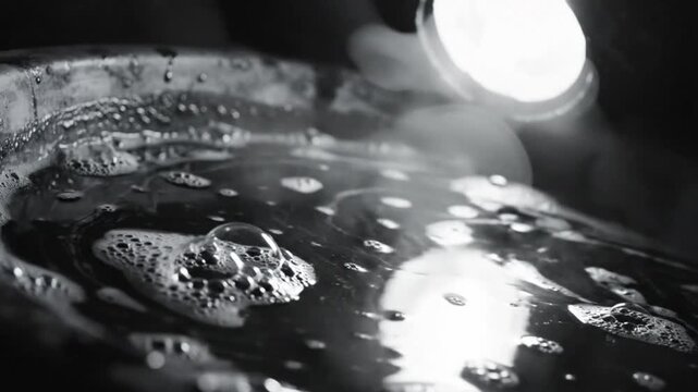 Black and white close up of a dark liquid with bubbles being lit by a bright light source
