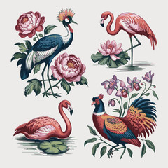 Naklejka premium Isolated on Vintage engrave Crowned Crane and peonies, flamingo and water lily, pheasant and orchid vector art on white background