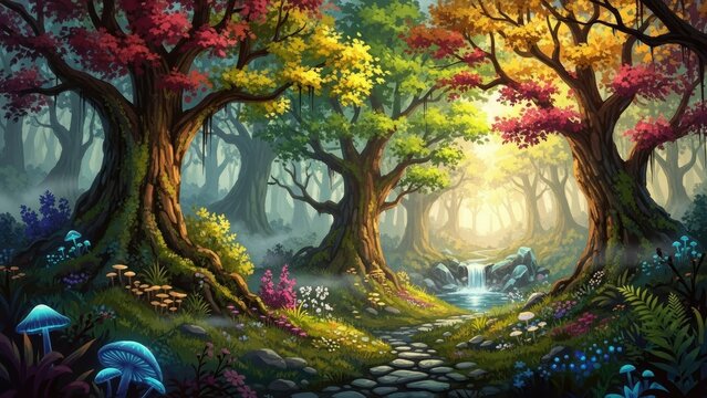 Enchanted fantasy forest with glowing mushrooms and stone path.