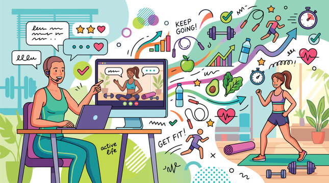 Online fitness coaching vector illustration, personal trainer teaching workout class on computer, digital health and wellness concept