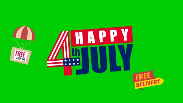 Happy 4th of July animated graphic with free shipping delivery box and parachute illustration on green screen