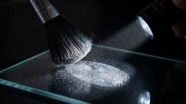 Close-up of a forensic expert meticulously dusting for fingerprints on a glass surface during a crime scene investigation, highlighting the precise process of gathering crucial evidence