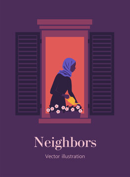 Modern flat vector illustration of a Muslim African woman in a blue hijab leaning out of a window to water flowers in a window box. Summer cozy evening and neighbors community.