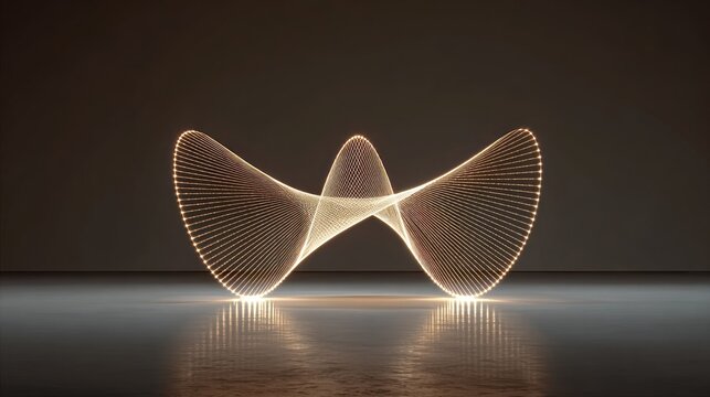 Glowing illuminated abstract shape rests on a reflective surface against a dark background