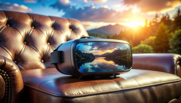 Virtual Reality Headset Resting on Luxurious Leather Armchair with Scenic Nature Reflection
