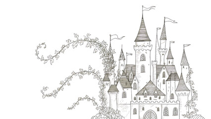 Naklejka premium Sketch style illustration of a fairy tale castle with princess and dragon Vector