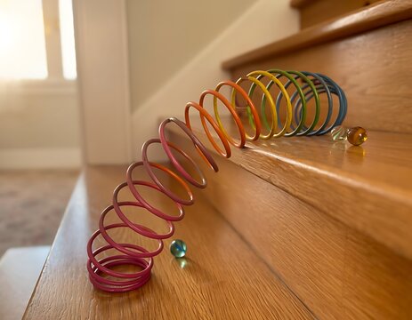 Colorful Slinky toy walking down wooden stairs at home.