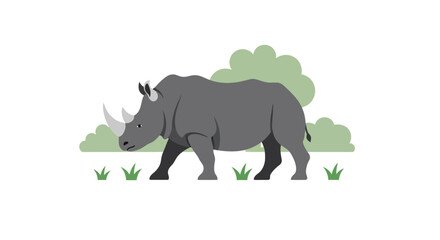 Obraz premium Illustration of a rhinoceros walking in a grassy landscape with bushes