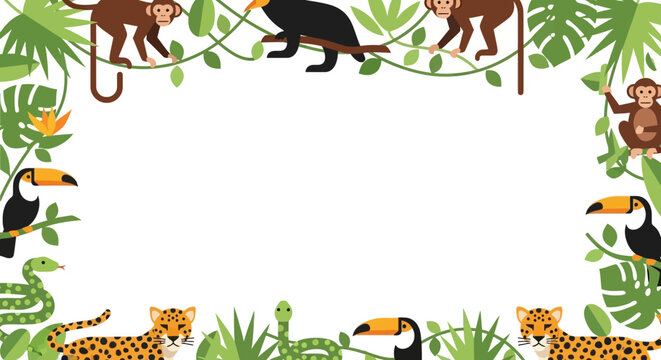 Jungle Animals Border Frame with Monkeys, Toucans, Snake, Leopard, and Leaves