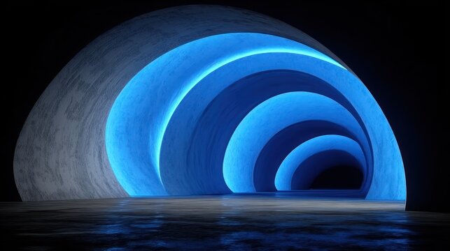 Illusory blue light illuminates the repeating archways of a deep concrete tunnel structure