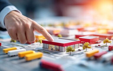 Fototapeta premium Detailed close-up of a person's hand pointing at a miniature model of a commercial building in a city layout