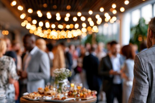 Blurred shot of business people at party or corporate event in office center	