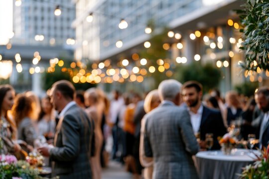 Blurred shot of business people at party or corporate event in office center	