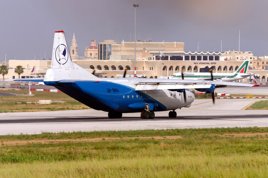 Luqa, Malta - June 22, 2007: Volare Aircompany Antonov An-12BK (REG: UR-SMA) landing runway 14.