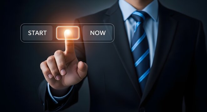 Business progress man pressing start button initiating action and growth