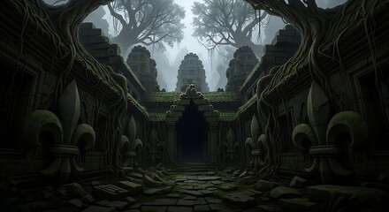 Obraz premium Ancient Temple Ruins with Fleur de lis border and Overgrown Roots