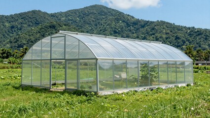 Naklejka premium A modern greenhouse stands in a vibrant green field with majestic, forested mountains under a clear blue sky.