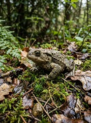 Obraz premium Common European toad sitting on a mossy forest floor.