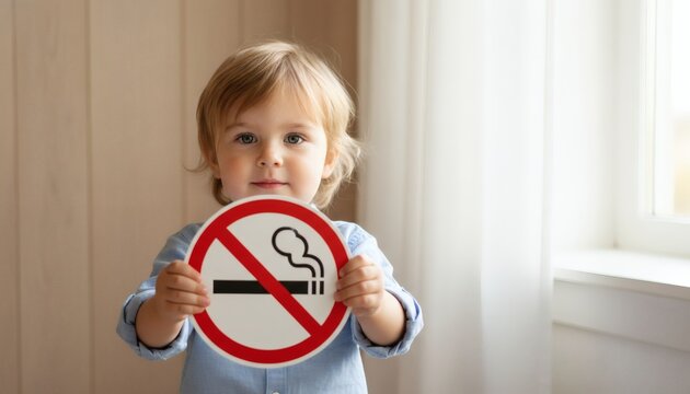Little child giving a stop smoking sign to the camera for World No Tobacco Day concept, promoting healthy lungs and smoke-free air in bright modern home