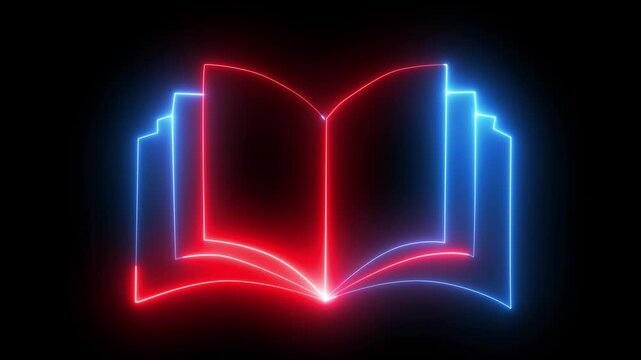 Glowing vertical book icon animation with neon open symbol on black background 4K video glowing neon colorful vertical book icon animation. 
