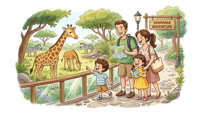 Family exploring savanna zoo with maps and wildlife