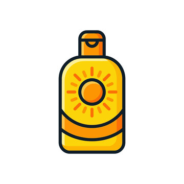 Sunscreen bottle with sun symbol.