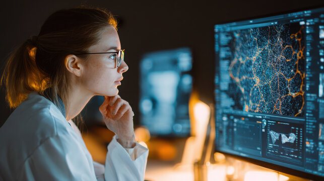 Woman in lab coat analyzing data on computer screen with graphs and charts at night