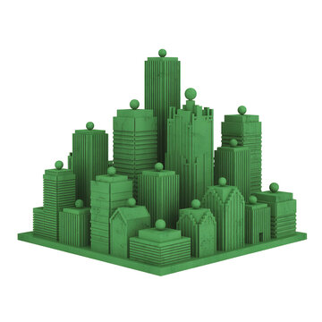 Green Monochrome Isometric Miniature City Model, Minimalist 3D Skyscrapers and Buildings Block on White Background