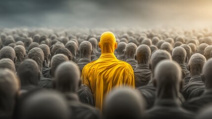 Obraz premium Monk in yellow robes facing large gathering of followers outdoors