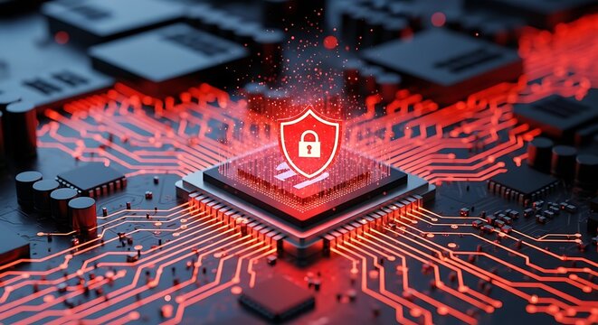 Illuminated red security shield with lock symbol on a high tech computer chip highlighting antivirus protection and internet firewall defense