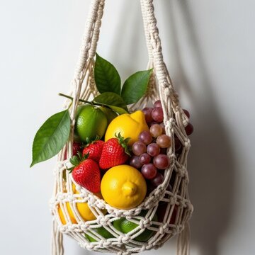 Fresh seasonal fruit in handmade macrame string shopping bag. Organic harvest of strawberry, lemon, lime and grape. Sustainable lifestyle and zero waste grocery shopping concept.