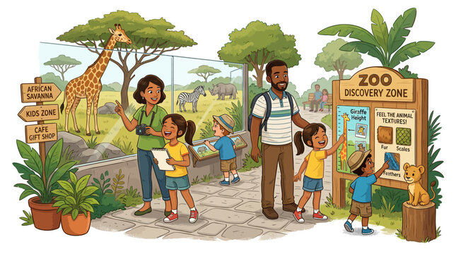Family adventure at the zoo discovery zone with smiling children and exotic animals