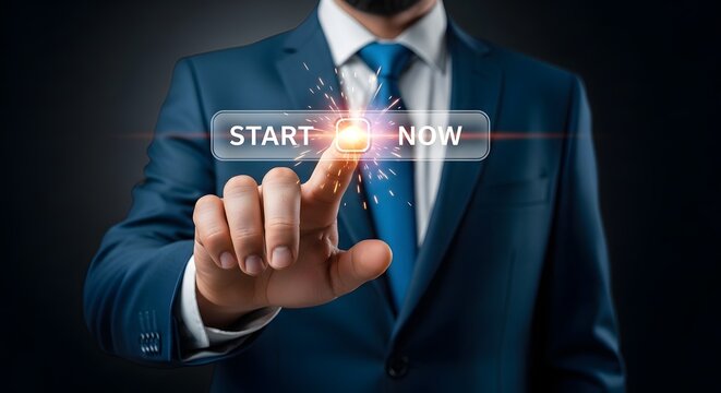 Making progress businessman clicking start now button for success