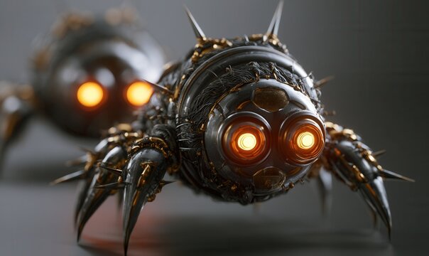 Metallic spiders move with glowing eyes in a dark setting and showcase a design featuring spikes and intricate details
