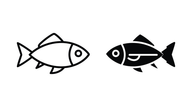 Fish icon set with black and white silhouette illustrations