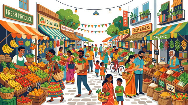Vibrant market scene with local vendors and shoppers in a bustling street setting
