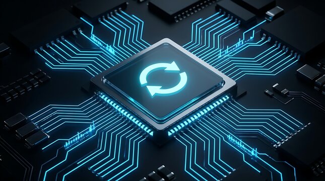 Computer processor with glowing blue refresh sync arrows icon on a motherboard depicting software update and automated data synchronization