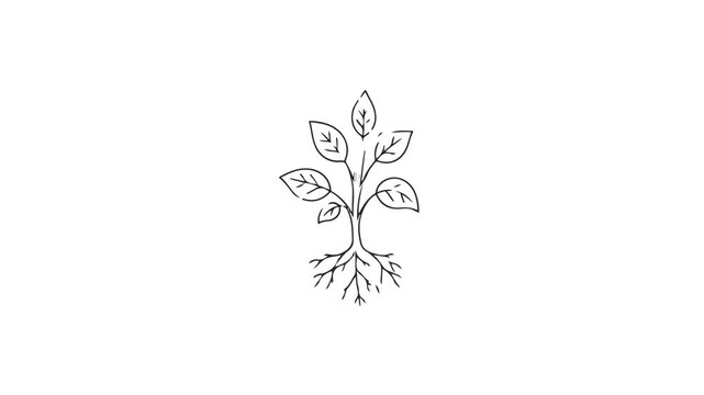 Minimalist Line Art Plant Growing From Roots, Seedling Growth Icon