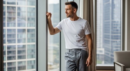 Fototapeta premium A happy, smiling man in a white t-shirt and grey trousers leaning against a large window inside a modern high-rise apartment, looking outside during the day